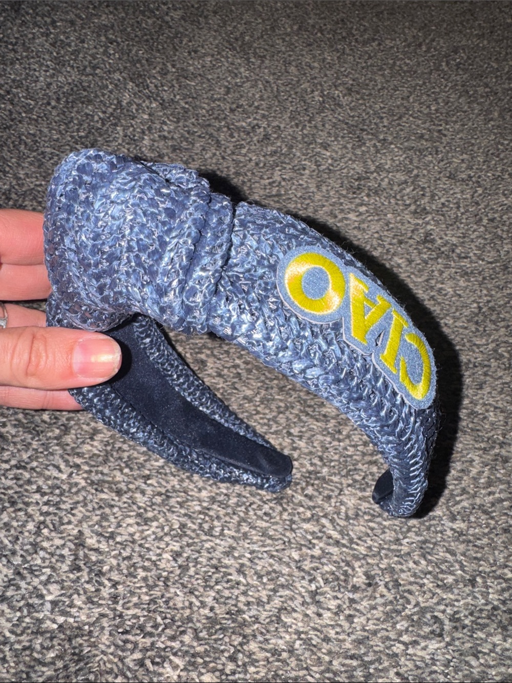 NWOT Target Blue Woven Headband with Yellow 'Ciao' Patch